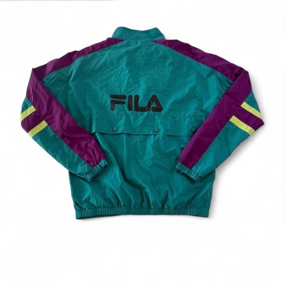 Men’s Vintage Fila Carter Windbreaker Teal Purple and Yellow Stripes Size M - Picture 2 of 7